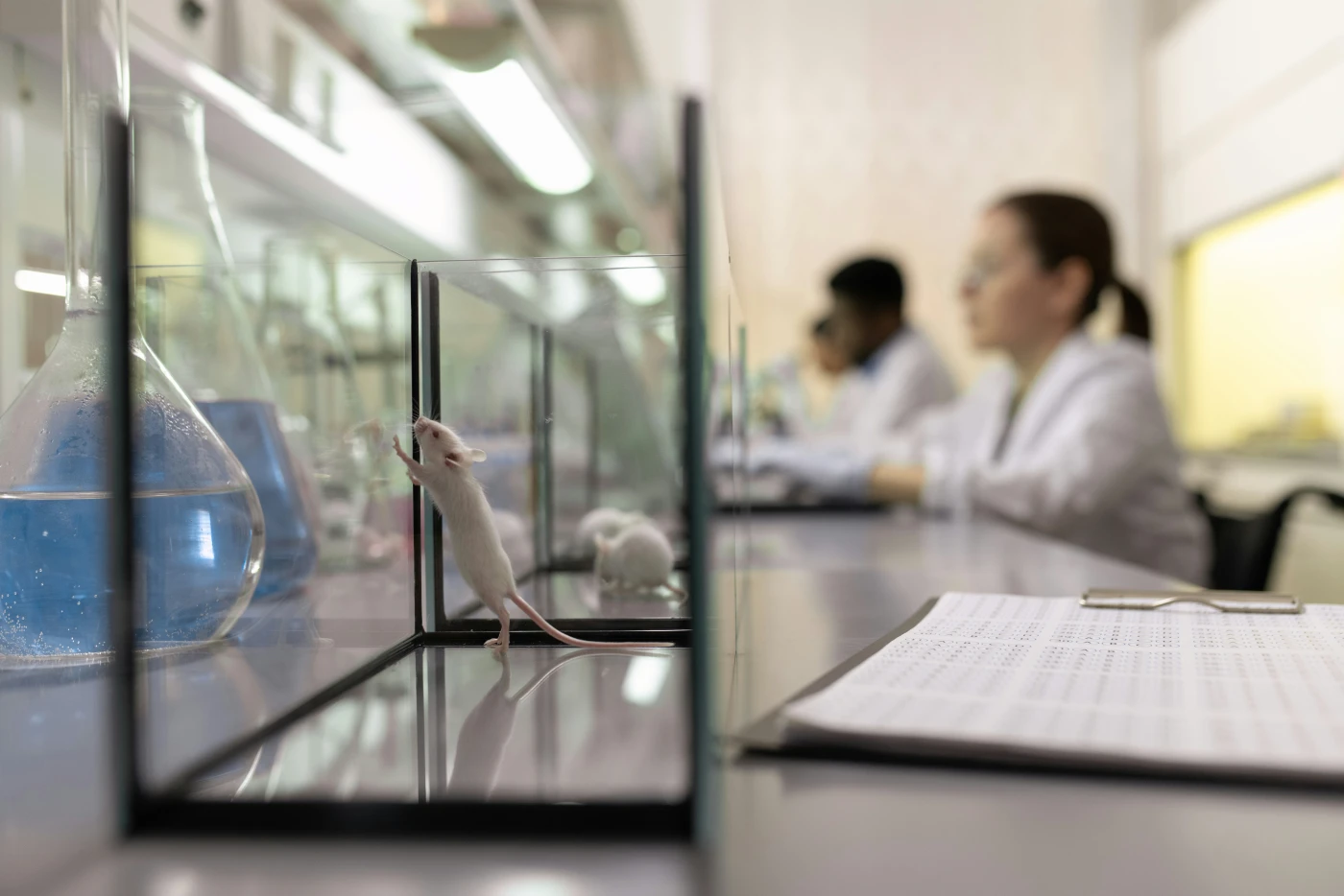 A white laboratory mouse standing upright inside a glass enclosure, with researchers in lab coats reviewing data in the background.